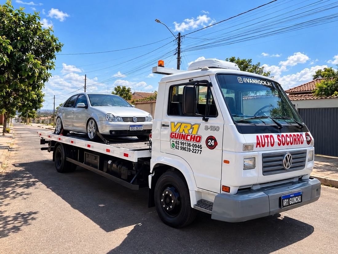 Guincho plataforma VR1 transportando um Volkswagen Bora em Senador Canedo, durante o dia